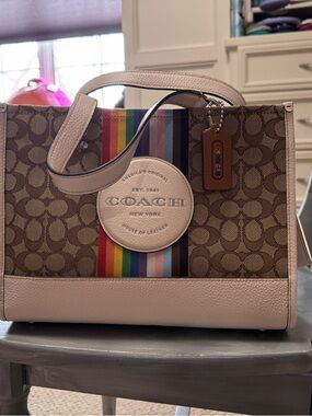 Coach Brown Signature Canvas Tote with Rainbow Stripe and Pink Trim